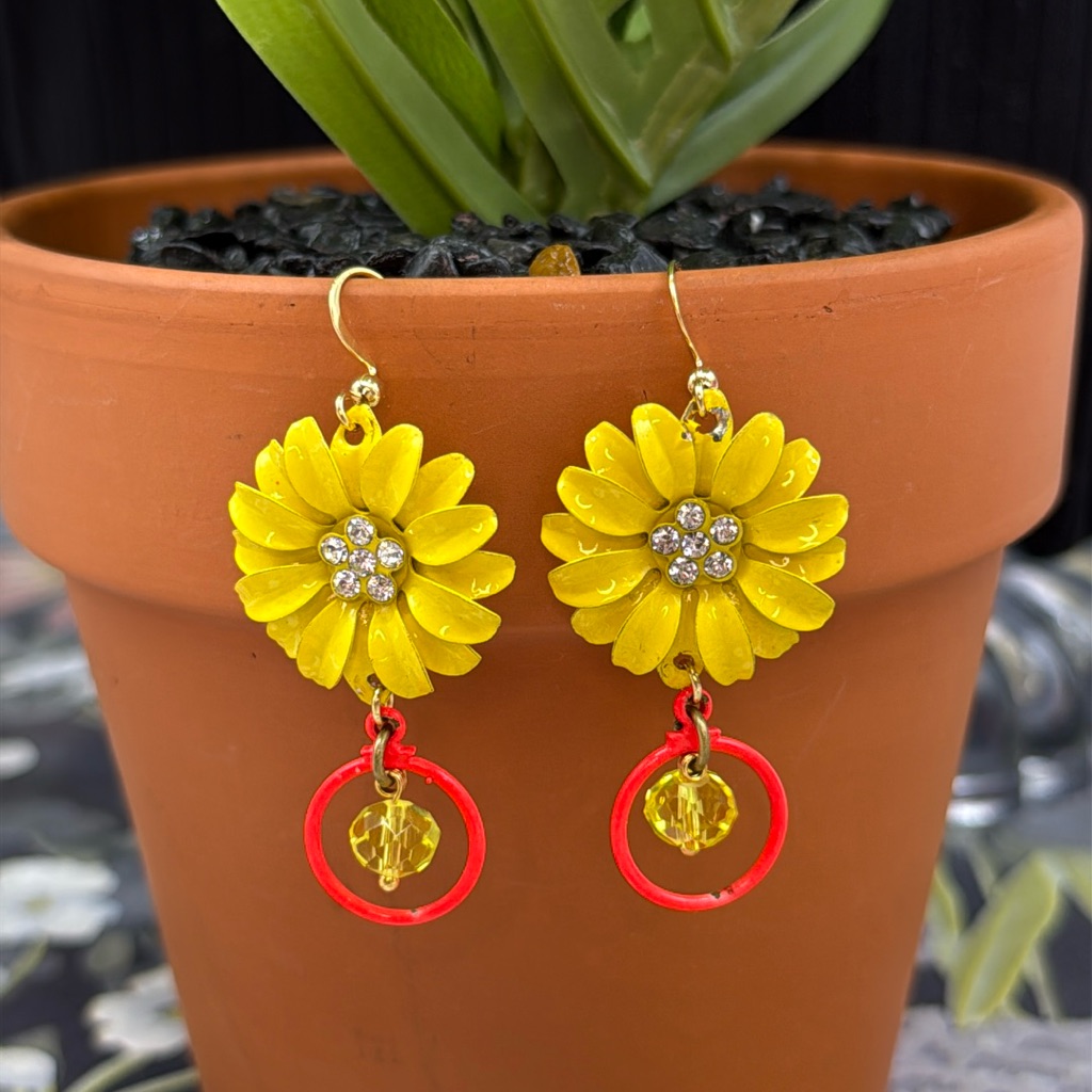 Adorned Crown Yellow Enamel Daisy Flower Neon Circle Drop Crystal Earrings